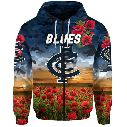 (Custom Personalised) Carlton Blues ANZAC Zip Up And Pullover Hoodie Poppy Vibes LT8