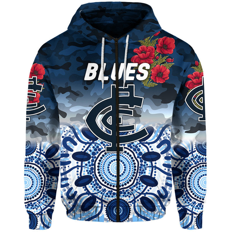(Custom Personalised) Carlton Blues ANZAC Zip Up And Pullover Hoodie Indigenous Vibes LT8