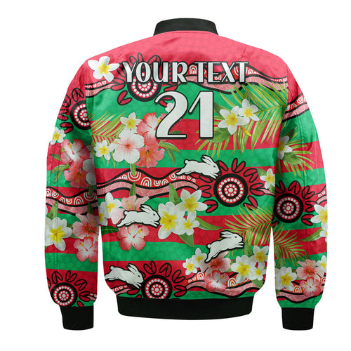 custom-personalised-rabbitohs-rugby-bomber-jacket-tropical-flowers-and-palm-hawaiian-style