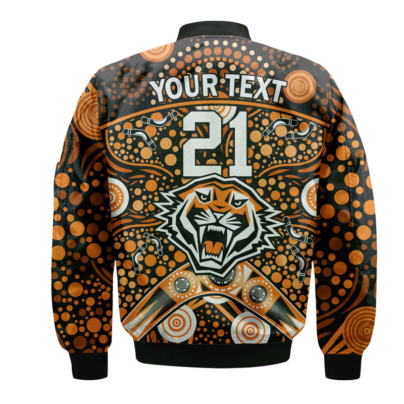 custom-personalised-wests-tigers-rugby-bomber-jacket-boomerang-indigenous-dots