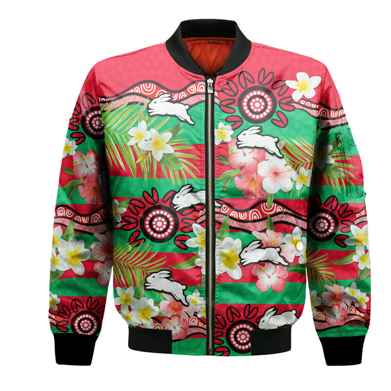 custom-personalised-rabbitohs-rugby-bomber-jacket-tropical-flowers-and-palm-hawaiian-style