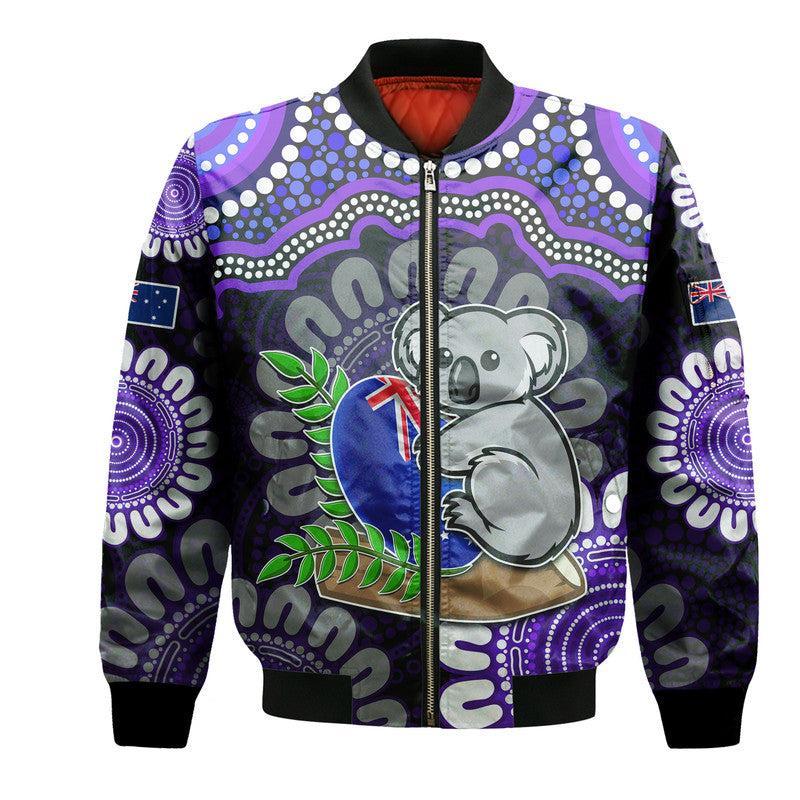 custom-personalised-australia-koala-aboriginal-bomber-jacket-koala-hugging-rugby-ball-purple