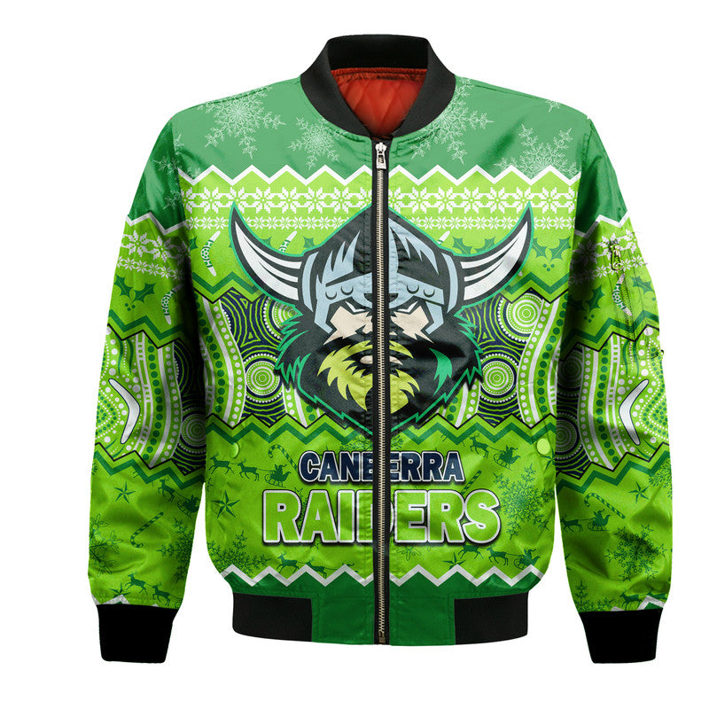 custom-personalised-canberra-the-green-machine-raiders-aboriginal-christmas-vibe-bomber-jacket