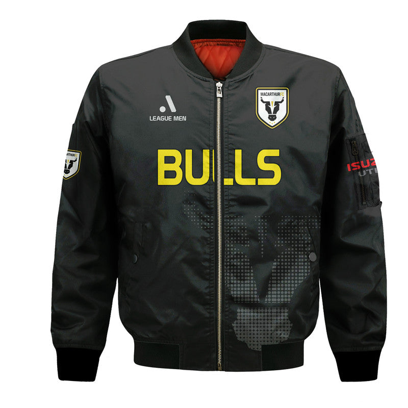 custom-personalised-macarthur-soccer-bomber-jacket-bulls-black-and-gold