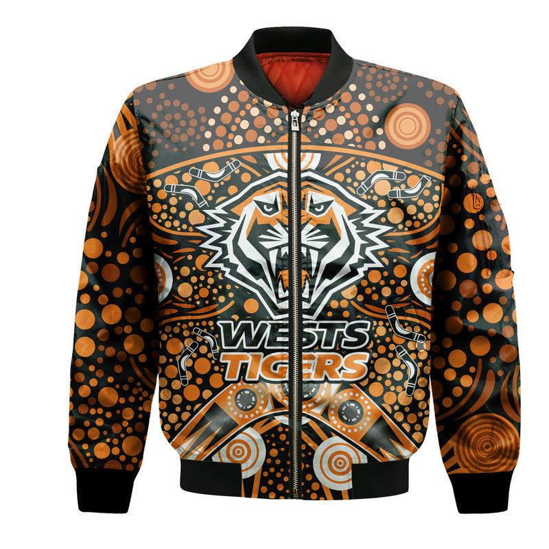 custom-personalised-wests-tigers-rugby-bomber-jacket-boomerang-indigenous-dots