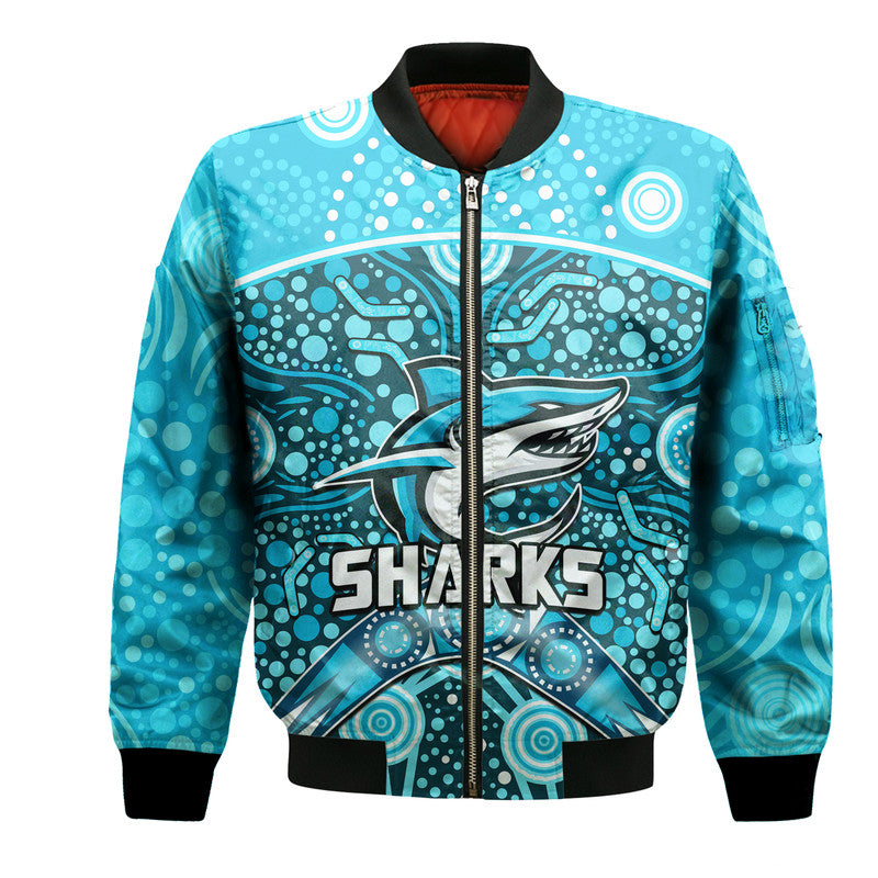 custom-personalised-sharks-rugby-bomber-jacket-boomerang-indigenous-dots