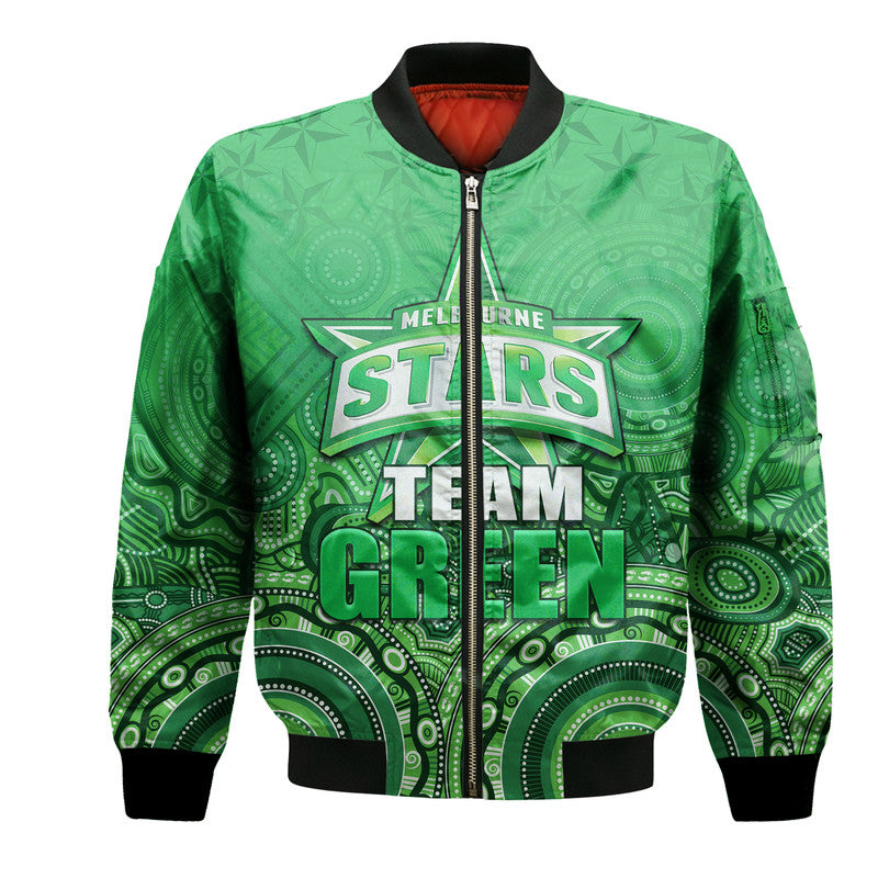 custom-personalised-melbourne-team-green-indigenous-aboriginal-stars-arts-bomber-jacket