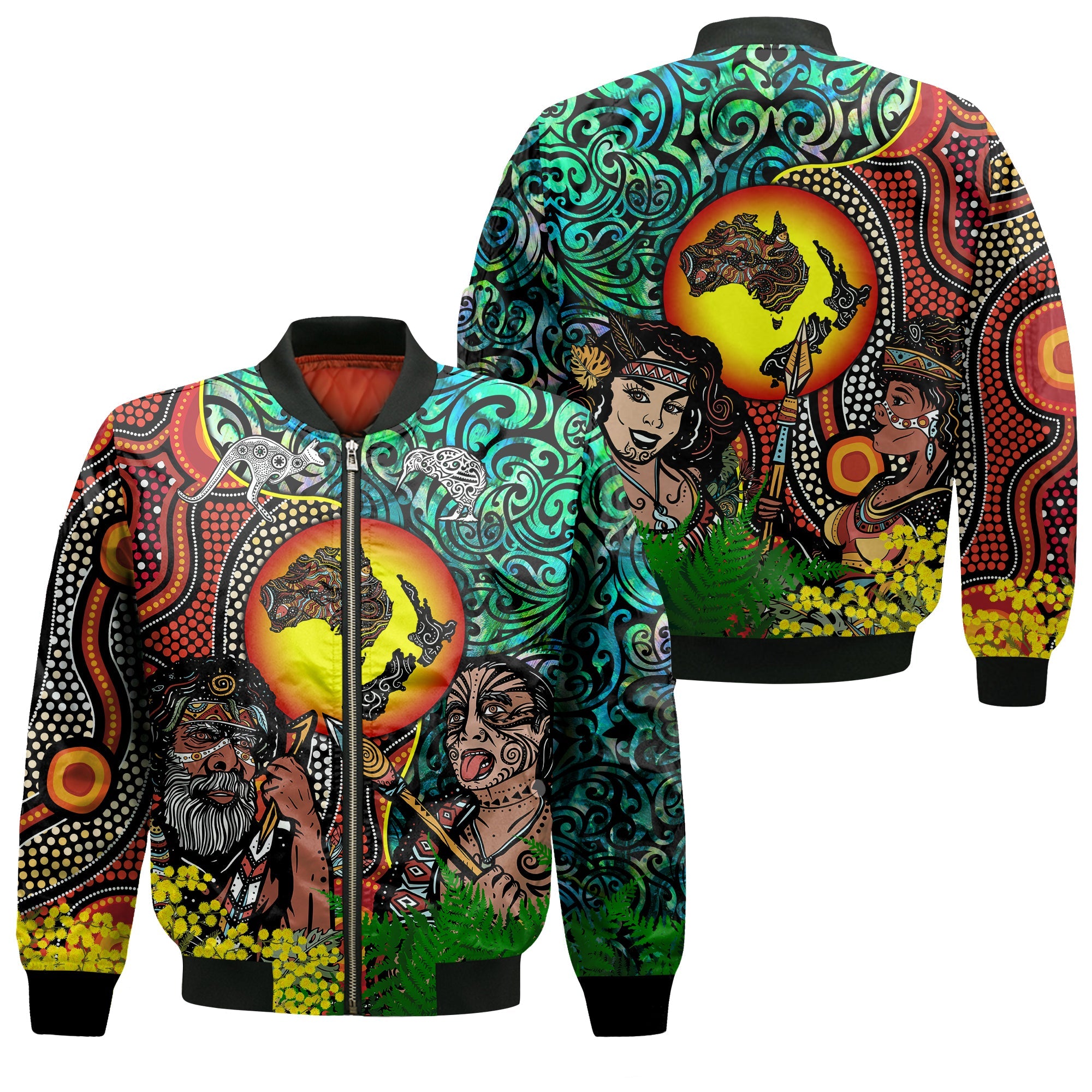 Australia Aboriginal Kangaroo Combine New Zealand Maori Kiwi Bird Bomber Jacket - LT2