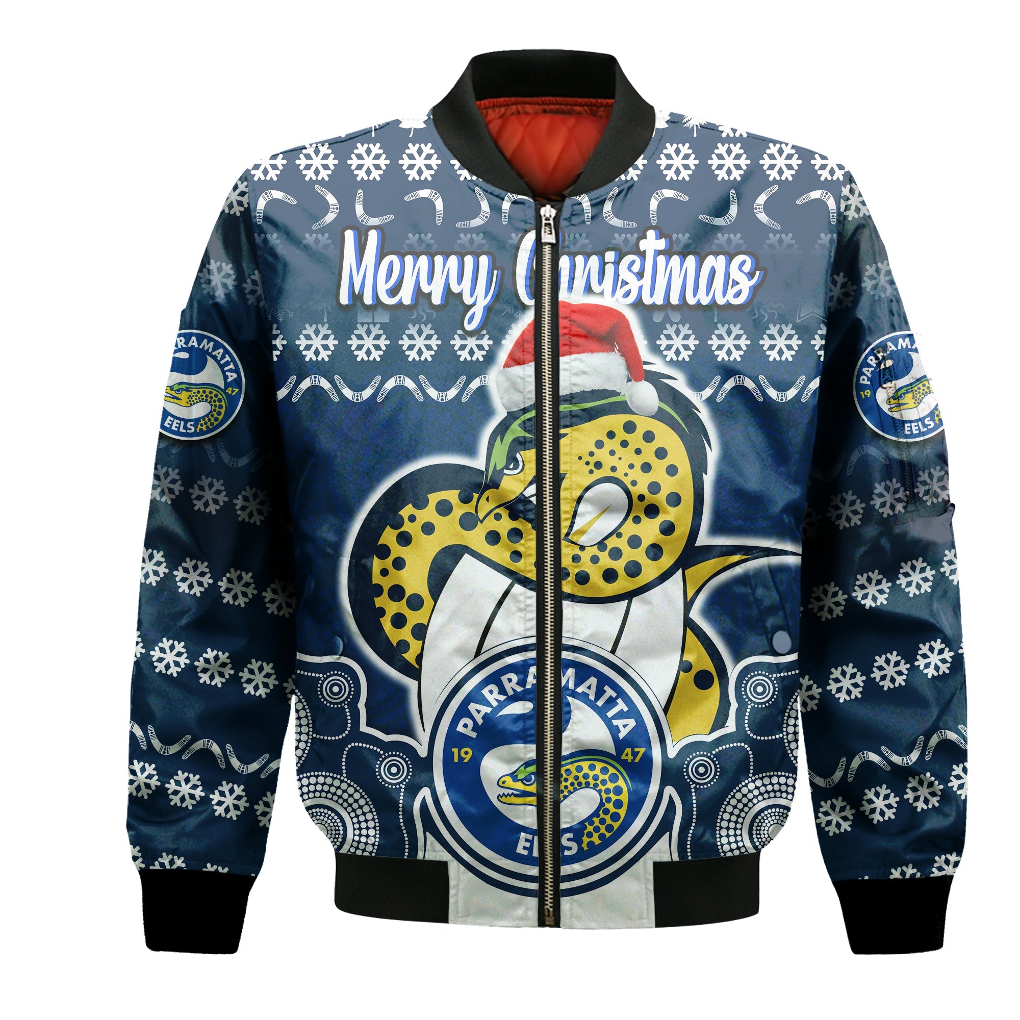 custom-personalised-parramatta-eels-christmas-vibe-with-aboriginal-dot-panting-style-bomber-jacket