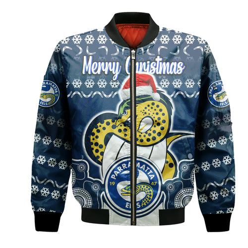 custom-personalised-parramatta-eels-christmas-vibe-with-aboriginal-dot-panting-style-bomber-jacket
