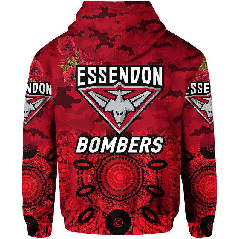 Essendon Bombers ANZAC Zip Up And Pullover Hoodie Indigenous Vibes - Red LT8