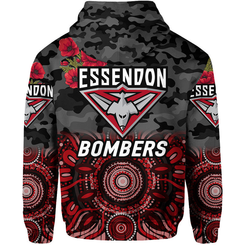 Essendon Bombers ANZAC Zip Up And Pullover Hoodie Indigenous Vibes - Black LT8