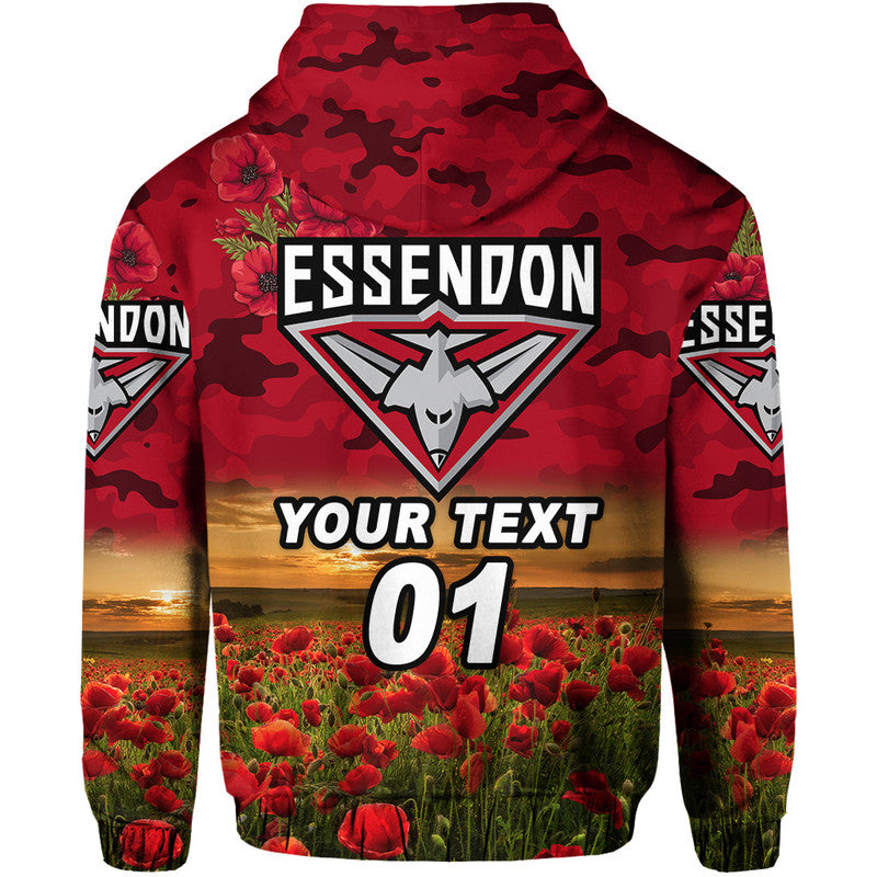 (Custom Personalised) Essendon Bombers ANZAC Zip Up And Pullover Hoodie Poppy Vibes - Red LT8
