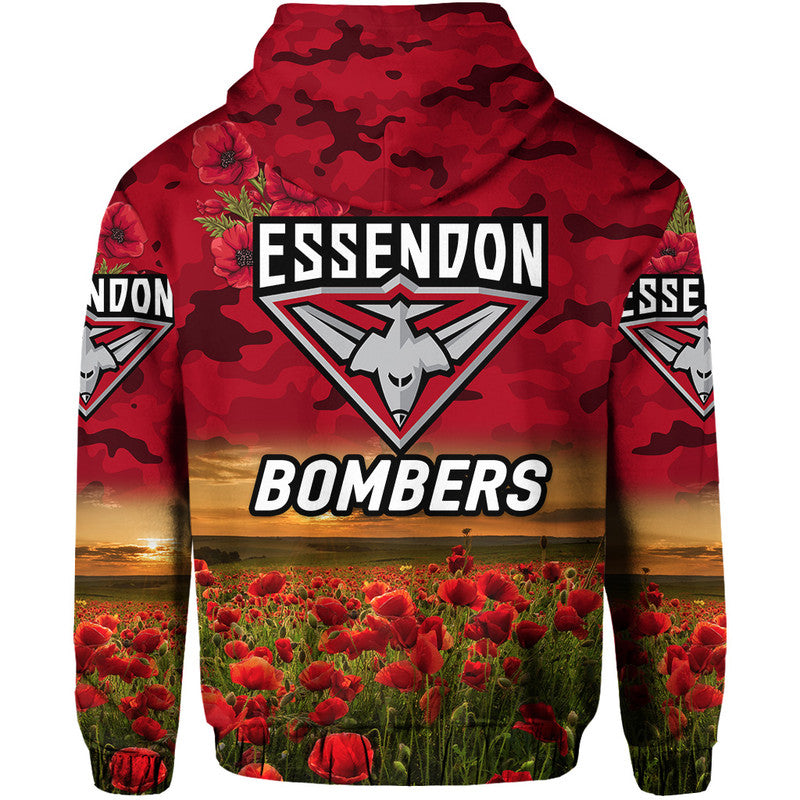 Essendon Bombers ANZAC Zip Up And Pullover Hoodie Poppy Vibes - Red LT8