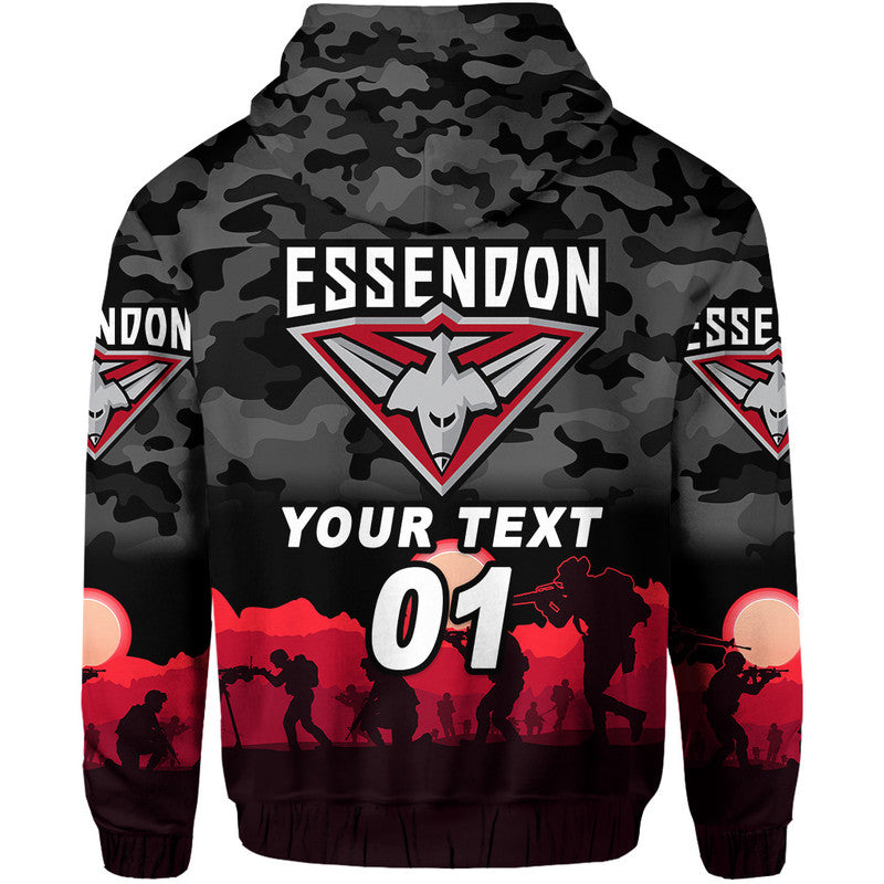 (Custom Personalised) Essendon Bombers ANZAC Zip Up And Pullover Hoodie Simple Style - Black LT8
