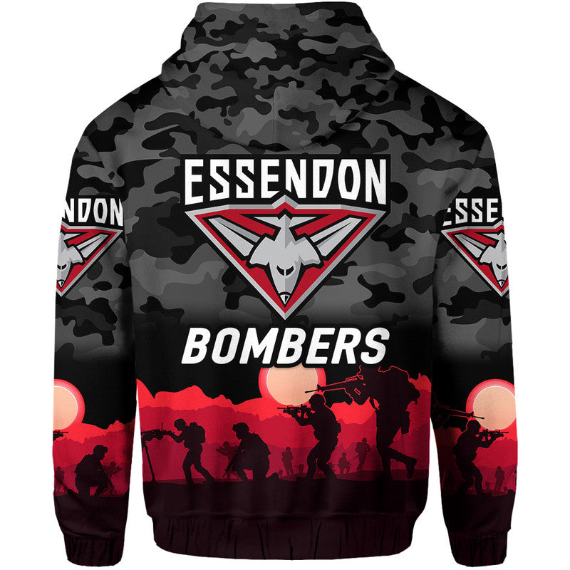 Essendon Bombers ANZAC Zip Up And Pullover Hoodie Simple Style - Black LT8