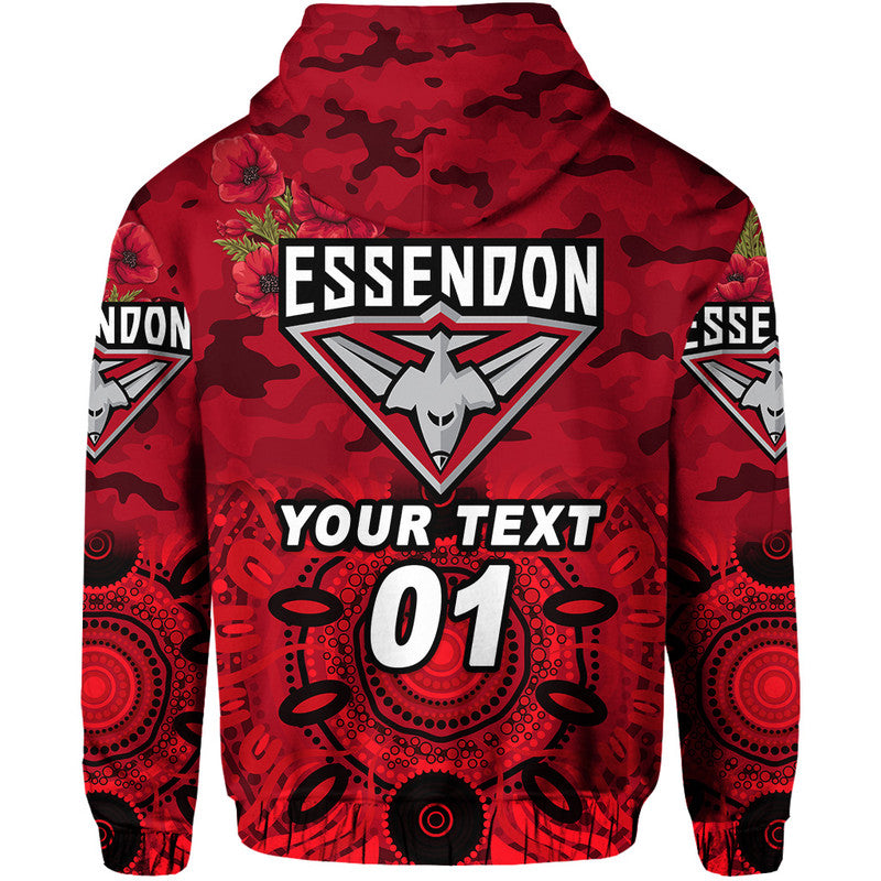 (Custom Personalised) Essendon Bombers ANZAC Zip Up And Pullover Hoodie Indigenous Vibes - Red LT8