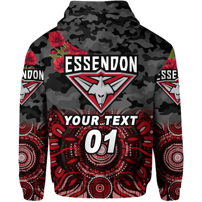 (Custom Personalised) Essendon Bombers ANZAC Zip Up And Pullover Hoodie Indigenous Vibes - Black LT8
