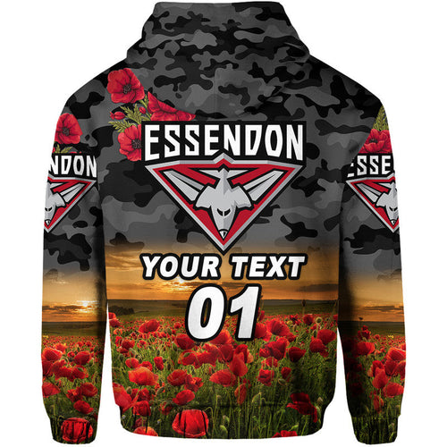 (Custom Personalised) Essendon Bombers ANZAC Zip Up And Pullover Hoodie Poppy Vibes - Black LT8