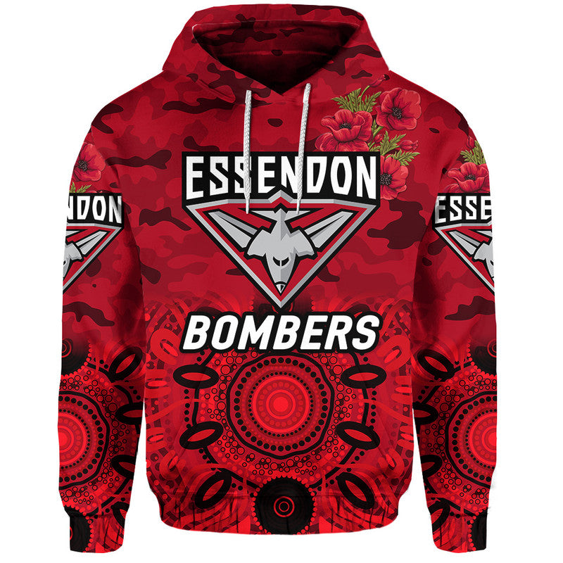 Essendon Bombers ANZAC Zip Up And Pullover Hoodie Indigenous Vibes - Red LT8