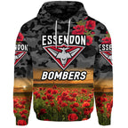 (Custom Personalised) Essendon Bombers ANZAC Zip Up And Pullover Hoodie Poppy Vibes - Black LT8