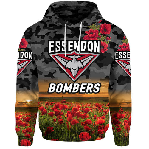(Custom Personalised) Essendon Bombers ANZAC Zip Up And Pullover Hoodie Poppy Vibes - Black LT8