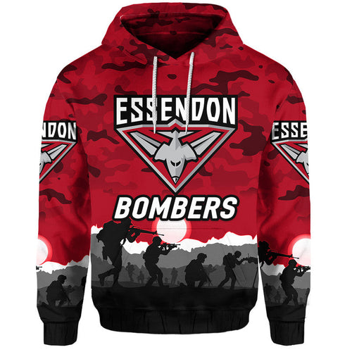 (Custom Personalised) Essendon Bombers ANZAC Zip Up And Pullover Hoodie Simple Style - Red LT8
