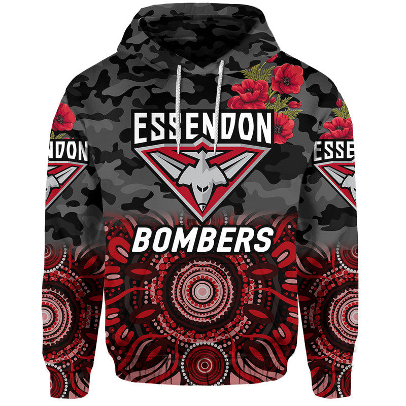 Essendon Bombers ANZAC Zip Up And Pullover Hoodie Indigenous Vibes - Black LT8