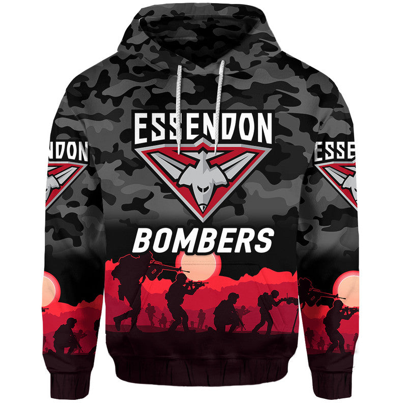 Essendon Bombers ANZAC Zip Up And Pullover Hoodie Simple Style - Black LT8