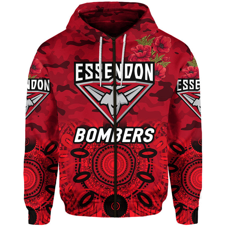 (Custom Personalised) Essendon Bombers ANZAC Zip Up And Pullover Hoodie Indigenous Vibes - Red LT8