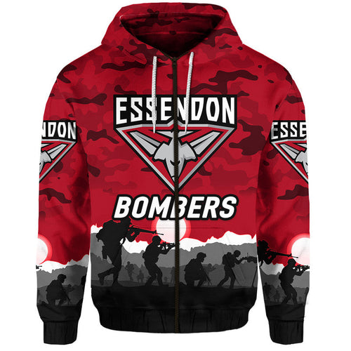 (Custom Personalised) Essendon Bombers ANZAC Zip Up And Pullover Hoodie Simple Style - Red LT8