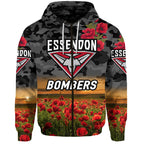 Essendon Bombers ANZAC Zip Up And Pullover Hoodie Poppy Vibes - Black LT8