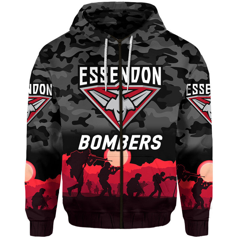 Essendon Bombers ANZAC Zip Up And Pullover Hoodie Simple Style - Black LT8
