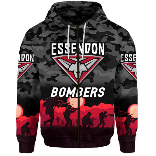 Essendon Bombers ANZAC Zip Up And Pullover Hoodie Simple Style - Black LT8