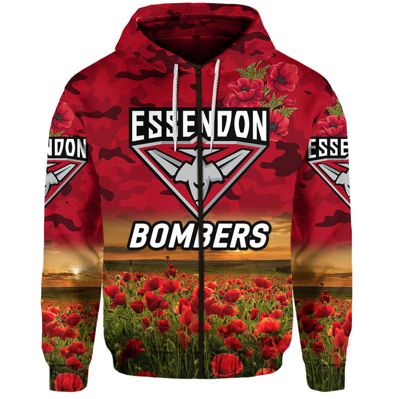 (Custom Personalised) Essendon Bombers ANZAC Zip Up And Pullover Hoodie Poppy Vibes - Red LT8