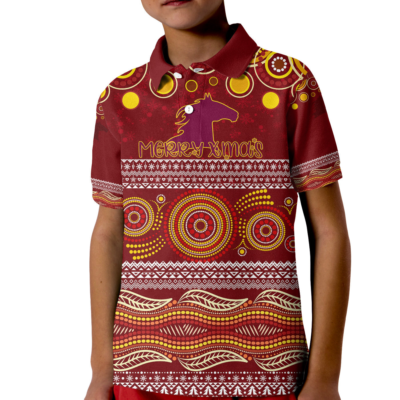 broncos-christmas-red-aboriginal-art-kid-polo-shirt