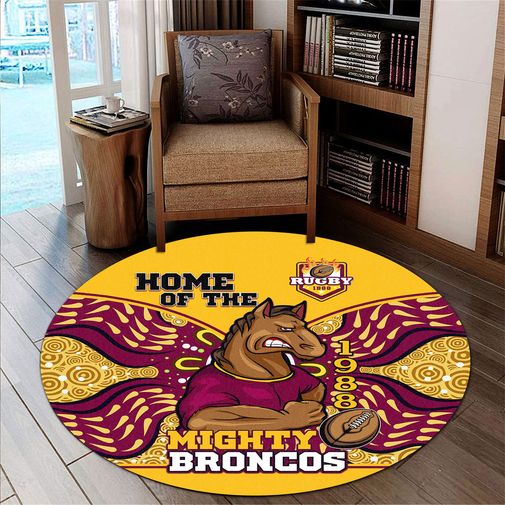 broncos-rugby-round-rug-home-of-the-mighty-broncos-aboriginal-patterns-round-rug