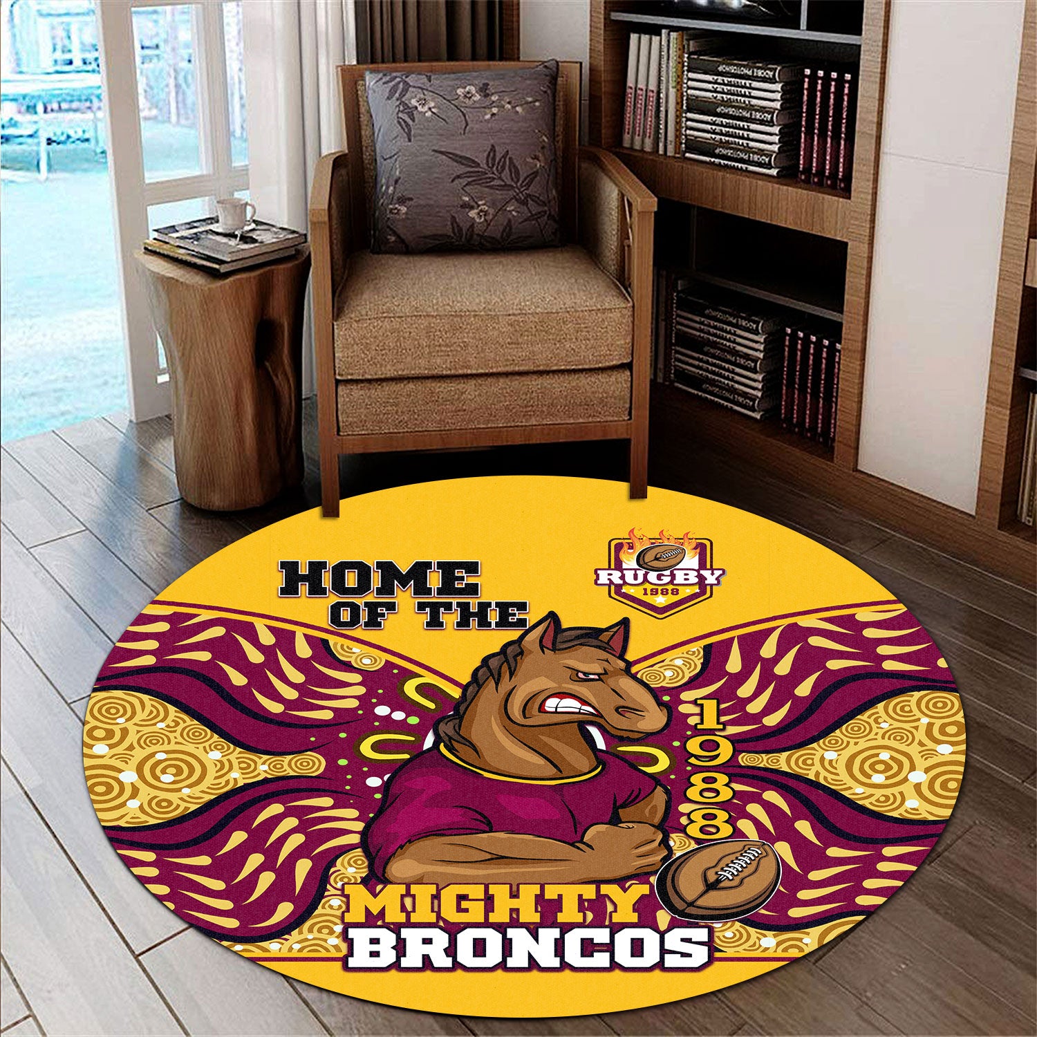 broncos-rugby-round-rug-home-of-the-mighty-broncos-aboriginal-patterns-round-rug