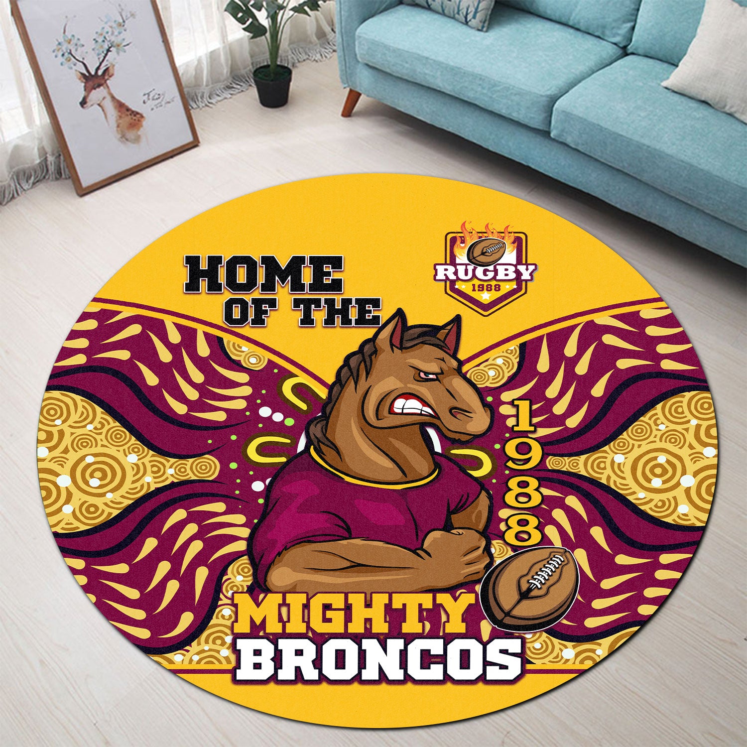 broncos-rugby-round-rug-home-of-the-mighty-broncos-aboriginal-patterns-round-rug
