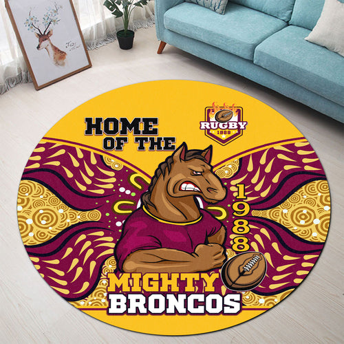 broncos-rugby-round-rug-home-of-the-mighty-broncos-aboriginal-patterns-round-rug
