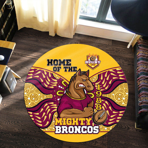 broncos-rugby-round-rug-home-of-the-mighty-broncos-aboriginal-patterns-round-rug