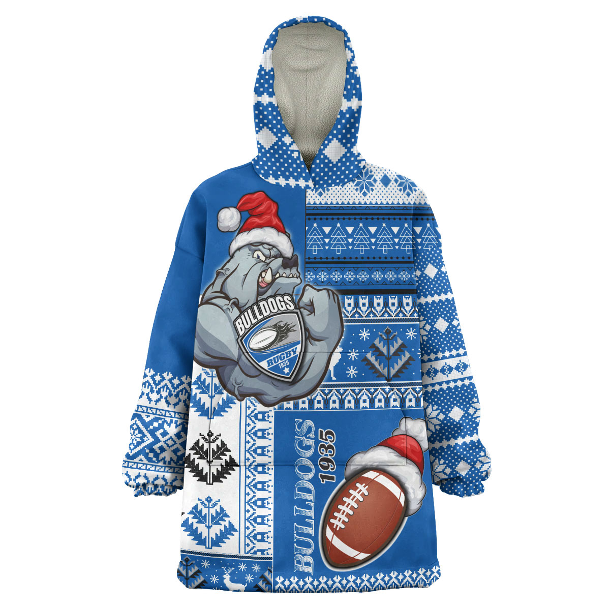 bulldogs-rugby-snug-hoodie-custom-christmas-snowflakes-bulldogs-mascot-wearable-blanket-hoodie