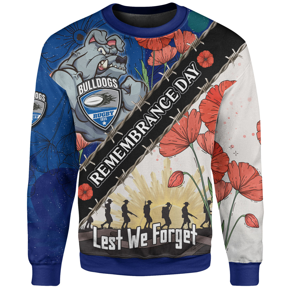 bulldogs-rugby-sweatshirt-custom-bulldogs-rugby-remembrance-day-lest-we-forget-sweatshirt