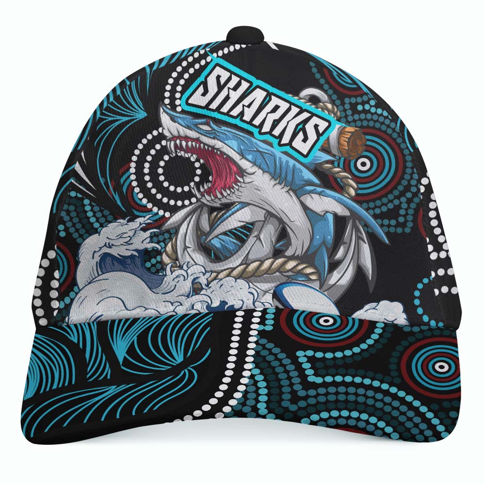 sharks-rugby-cap-impetuous-sharks-with-rugby-ball-and-aboriginal-dot-painting-art