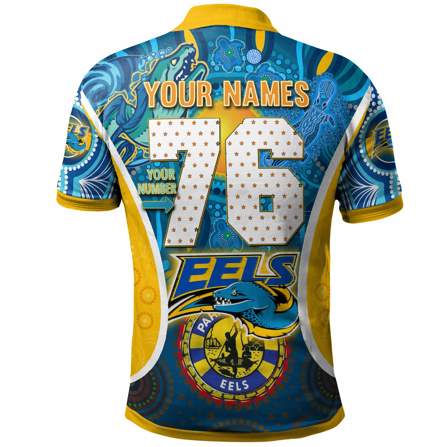 parramatta-eels-rugby-polo-shirt-custom-eels-mascot-with-aboriginal-art-personalised-player-and-number-polo-shirt