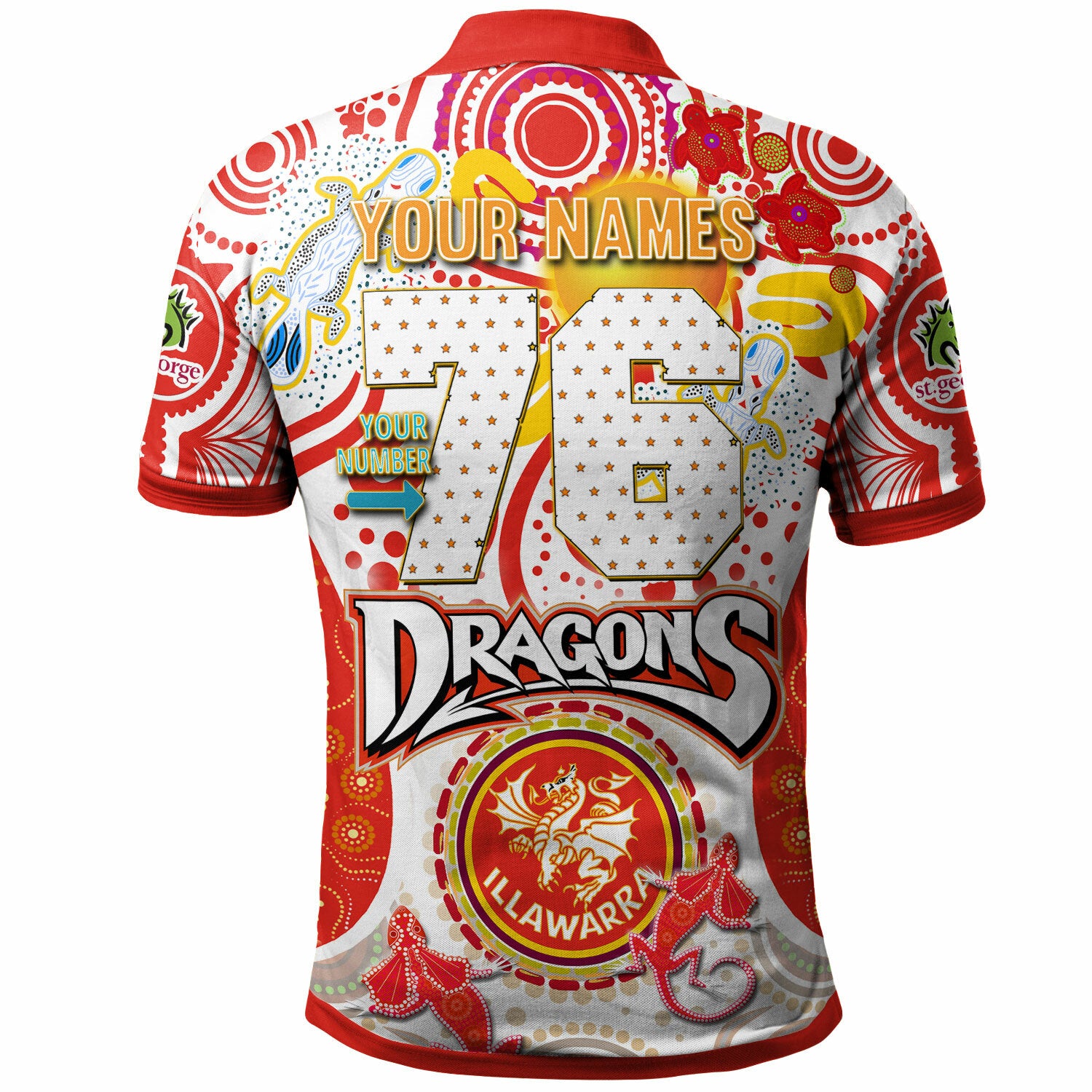 st-george-rugby-polo-shirt-custom-st-george-illawarra-dragons-mascot-with-aboriginal-art-personalised-player-and-number-polo-shirt