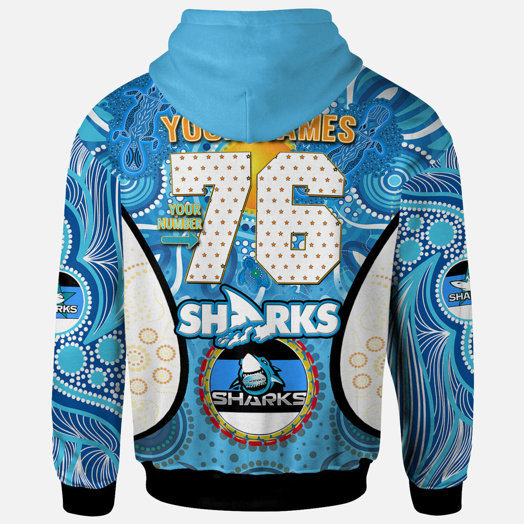 sharks-rugby-hoodie-custom-sharkies-mascot-with-aboriginal-art-personalised-player-and-number-hoodie
