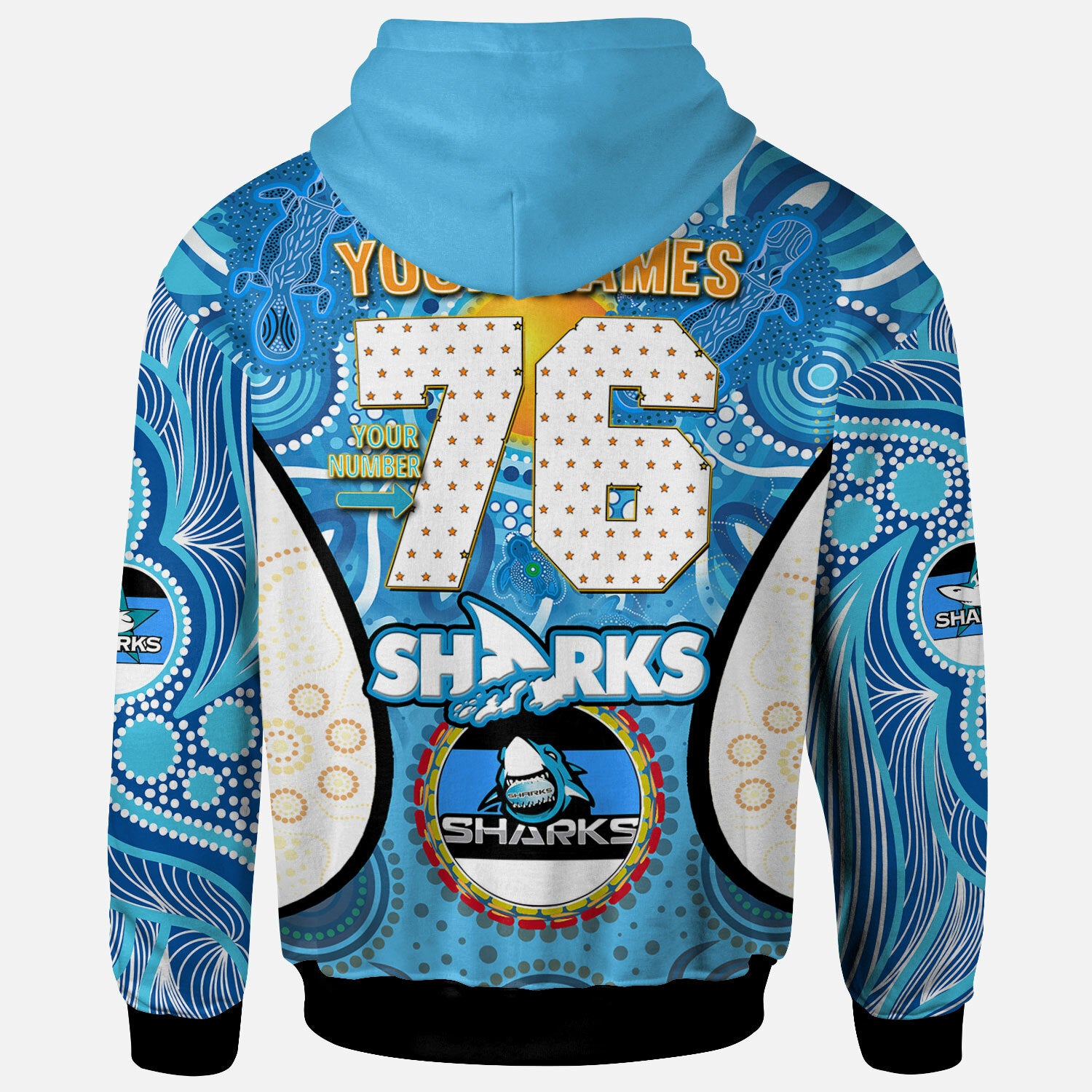 sharks-rugby-hoodie-custom-sharkies-mascot-with-aboriginal-art-personalised-player-and-number-hoodie
