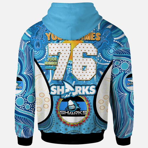 sharks-rugby-hoodie-custom-sharkies-mascot-with-aboriginal-art-personalised-player-and-number-hoodie