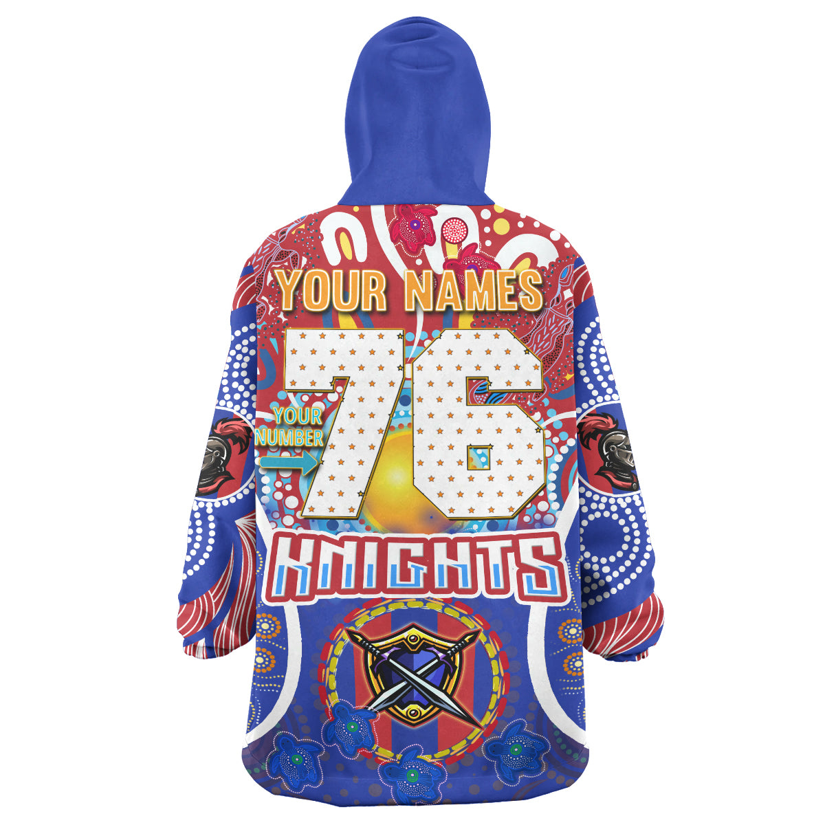 knights-rugby-snug-hoodie-custom-indigenous-newcastle-knights-mascot-with-aboriginal-art-personalised-player-and-number-oodie-blanket
